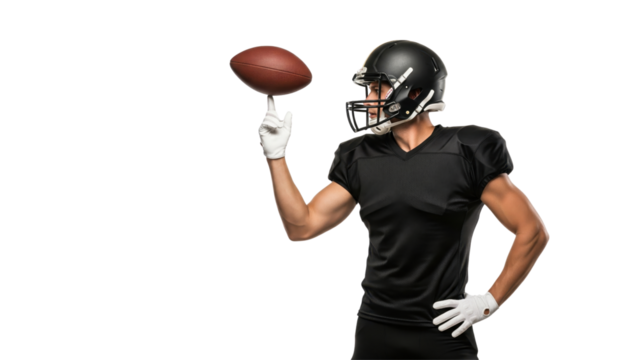 Gridiron Maestro: A poised athlete showcases masterful ball control, balancing an oval football with practiced ease, embodying precision and dedication in the realm of American football.