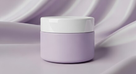 A minimalist light purple cosmetic jar with a white lid, presented on a soft, wavy lavender background, ideal for beauty product mockups.