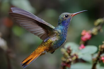 Fototapeta premium Golden tailed sapphire hummingbird in mid-flight amidst vibrant foliage in a lush tropical environment during the day