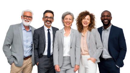 Diverse group of professionals smiling together in a studio setting, showcasing teamwork and collaboration.
