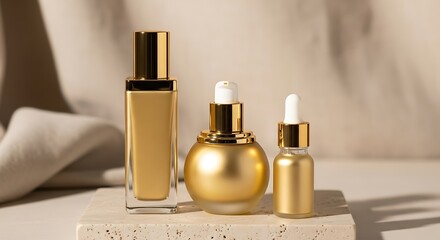 Golden cosmetic bottles with serum