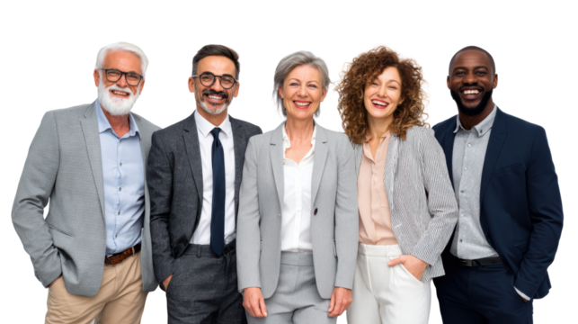 Diverse group of professionals smiling together in a studio setting, showcasing teamwork and collaboration.