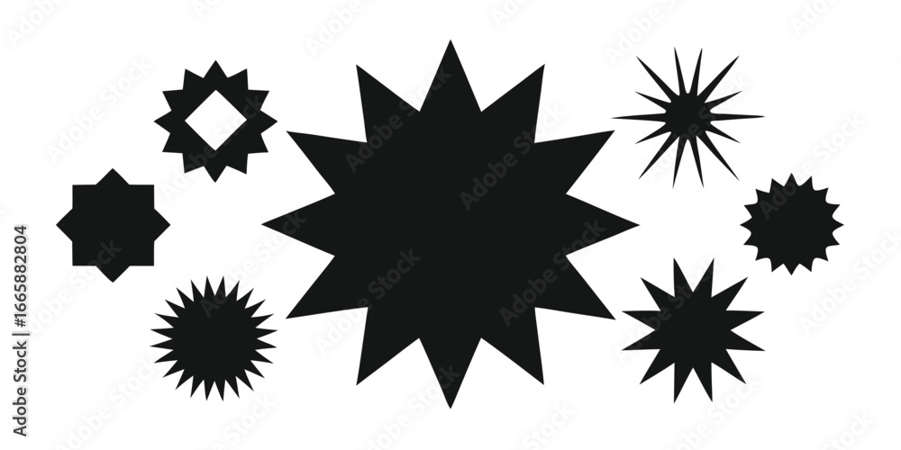 Aufkleber collection of star shapes of various sizes and styles isolated on a white background for graphic des