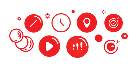 Collection of red circular ui icon set on white background representing time location play target and miscellaneous design elements