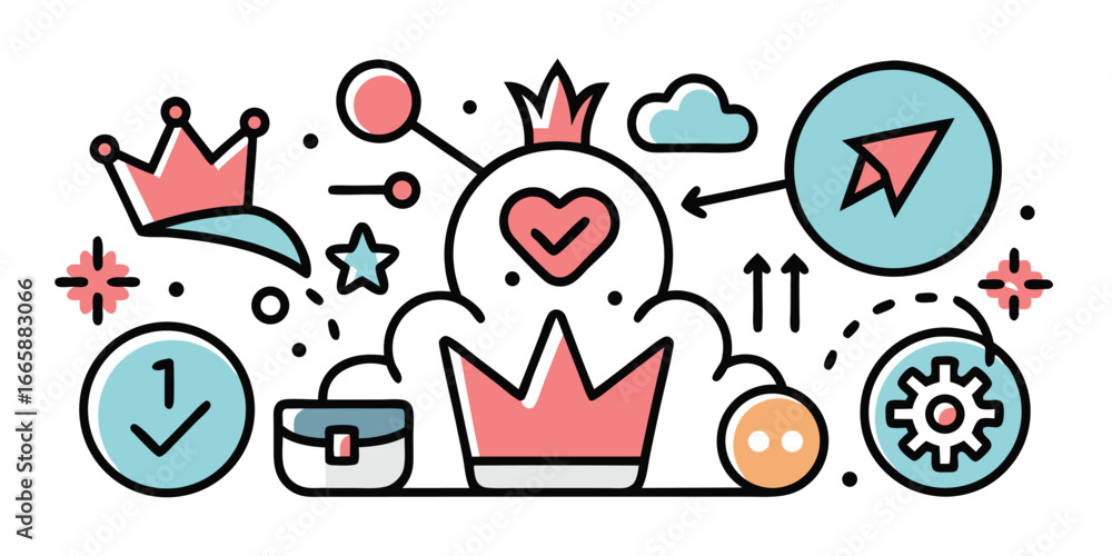 Poster creative business concept with crowns arrows and gears representing success and innovation achieving