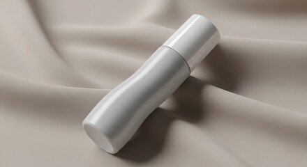 A close-up studio shot of a white deodorant stick on a beige fabric background.