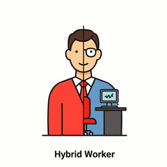 This compelling illustration depicts a modern professional balancing two distinct work environments, symbolizing the flexible nature of contemporary employment.
