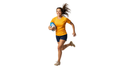 Rugby Player in Action: Capturing the dynamism and grit of a female athlete sprinting across the field with a rugby ball, embodying strength, speed, and unwavering determination.