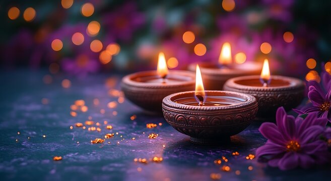 Four ornate diyas with purple flowers and scattered gold dust oil lamp candle