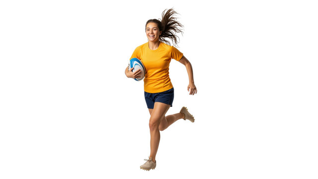 Rugby Player in Action: Capturing the dynamism and grit of a female athlete sprinting across the field with a rugby ball, embodying strength, speed, and unwavering determination.