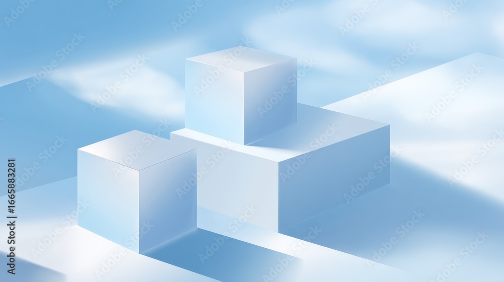 Poster minimalist white geometric cubes casting subtle shadows on soft blue background, illuminated by gent