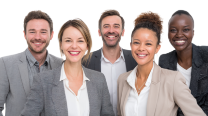 Diverse group of professionals smiling together, dressed in business attire, isolated on white background.
