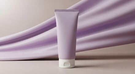Close-up of a lavender-purple tube of cosmetic product on a draped mauve background.