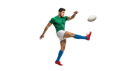 Rugby Player in Action: A dynamic depiction of a rugby player in full stride, captured mid-kick, showcasing athleticism, strength, and the intensity of the game.