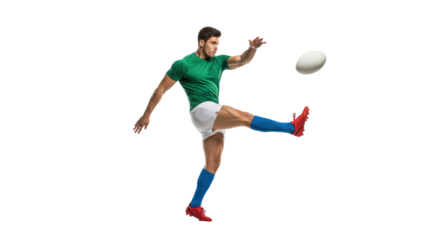 Rugby Player in Action: A dynamic depiction of a rugby player in full stride, captured mid-kick, showcasing athleticism, strength, and the intensity of the game.