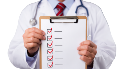 Doctor holding a checklist with check marks, ready for patient consultation, white isolate background.