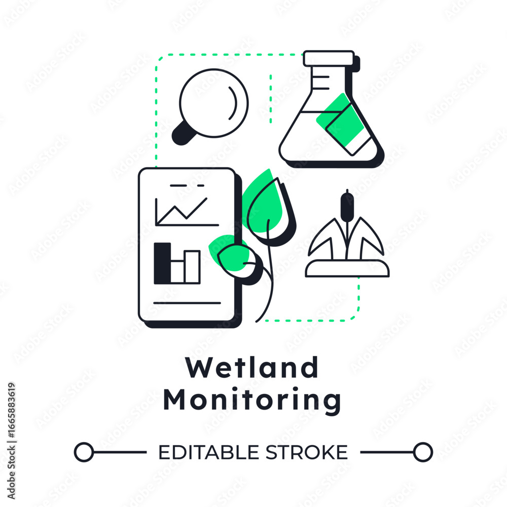 Poster wetland monitoring modern linear concept icon. observation and data collection. phase of swamps rest