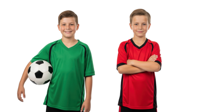 Soccer player: Two young soccer players stand proudly, one in green holding the soccer ball, the other in red with arms crossed, creating a dynamic composition of teamwork.