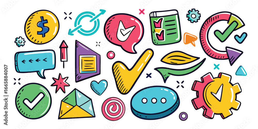 Poster doodle icon set with checkmarks arrows and speech bubbles for business or social media concepts