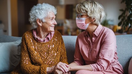 smiling senior woman talking to her general practitioner visiting her at home during virus epidemic happy old patient holding hands of caregiver at nursing home and talking reassurance and console no