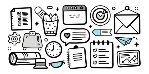 Doodle illustration of business planning and productivity tools with office and work management elements for digital use