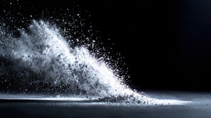 Close-up shot of white powder exploding, creating an abstract, textured splash against black