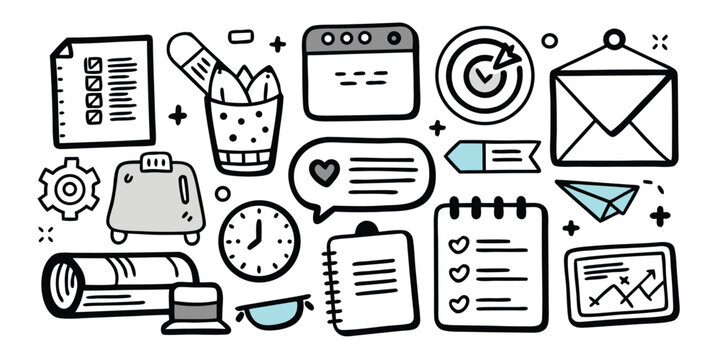 Doodle illustration of business planning and productivity tools with office and work management elements for digital use