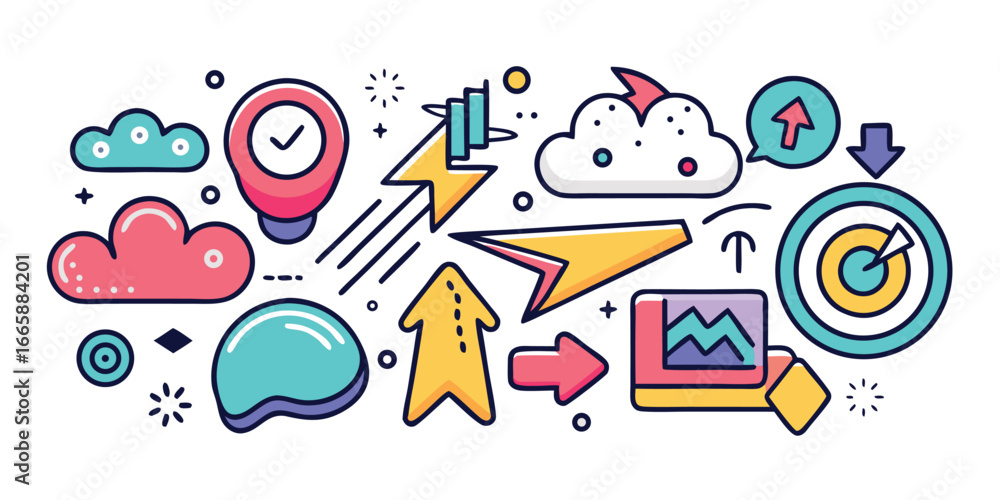 Poster doodle style business strategy and cloud computing innovation vector graphics,includes charts,target