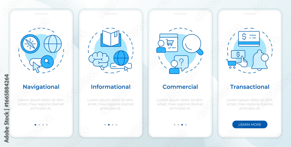 Aufkleber search intent control blue onboarding mobile app screen. walkthrough 4 steps editable graphic instru