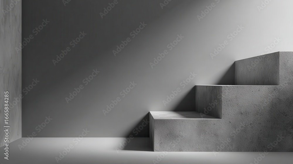 Poster bright sunlight filtering through minimalist architectural design illuminating concrete staircase, c