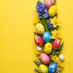 Easter decorative arrangement with colorful eggs, flowers, and pussy willow branches on a yellow background. Spring floral display with painted eggs in various colors arranged vertically.