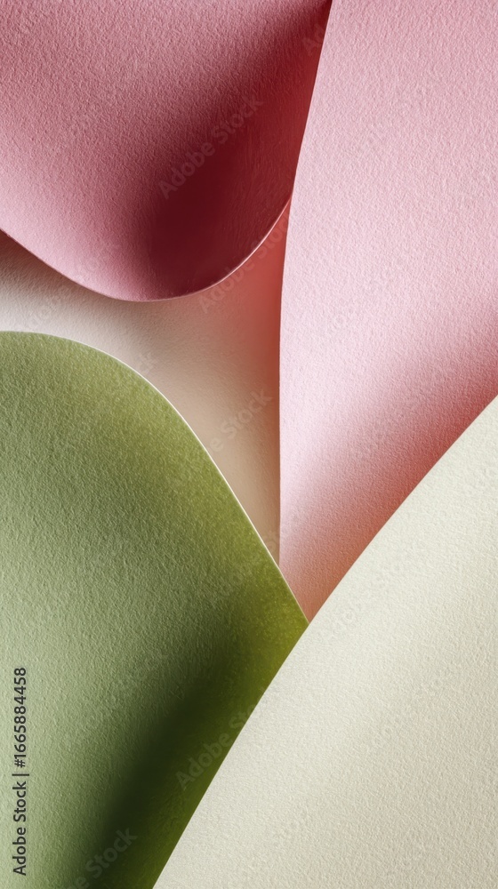 Poster pastel paper sheets overlapping, creating soft curved lines and minimalist abstract composition with