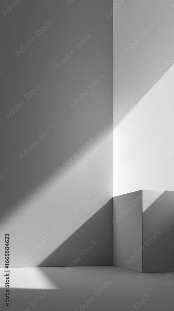 Poster light rays streaming through shadowy architectural corner, highlighting minimalist gray space with e