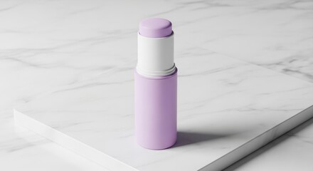A sleek lavender cosmetic stick, possibly a deodorant or solid perfume, standing on a clean white marble surface.