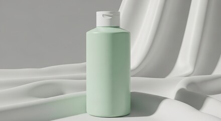 A minimalist product shot of a pale green bottle with a white flip-top cap, set against a draped white fabric.