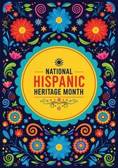 Vibrant folk art illustration celebrating Hispanic Heritage Month. Features intricate floral patterns and colorful traditional motifs for festive cultural designs