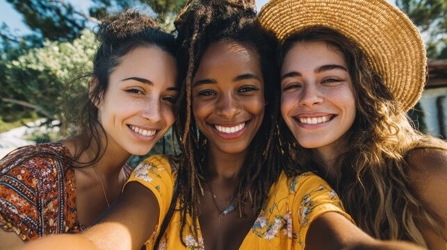 three joyful multiethnic women 20s in summer clothing smiling at camera while taking selfie photo during holiday on nature no logos no brands ar 169