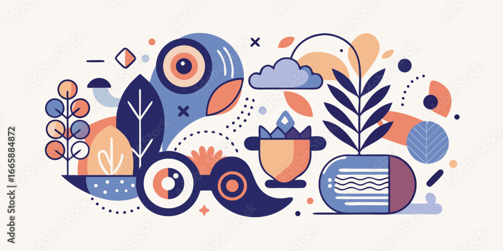 Poster flat design abstract composition featuring birds and plants with decorative geometric elements creat