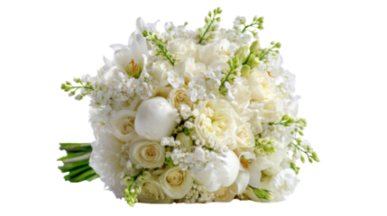 Elegant white floral bouquet featuring roses, peonies, and greenery, perfect for weddings and celebrations.
