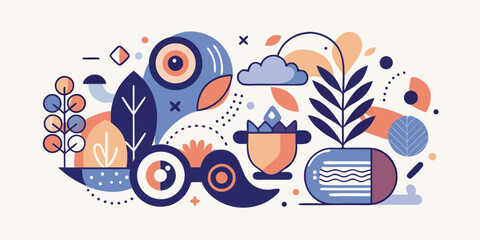 Flat design abstract composition featuring birds and plants with decorative geometric elements creating a modern artistic aesthetic