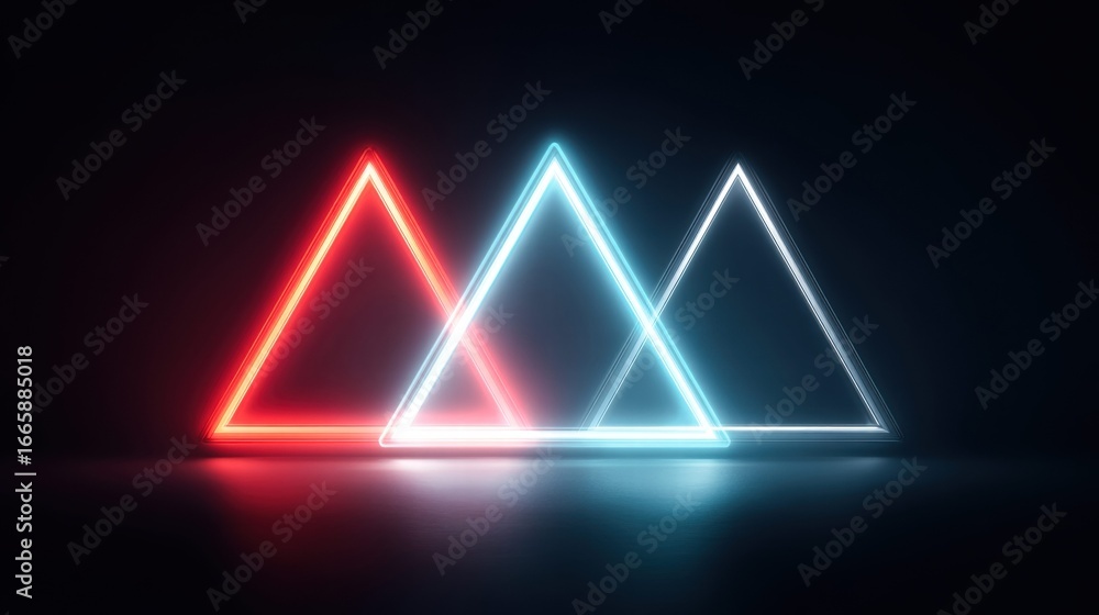 Poster neon triangles with vibrant colors on a dark background, creating a futuristic design.