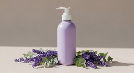 A lavender-colored lotion bottle with a pump dispenser, surrounded by lavender and eucalyptus.