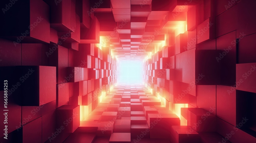 Poster a mesmerizing view of a geometric, red-hued tunnel with a bright light source at the end.