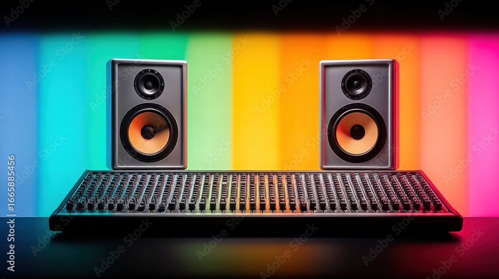 Poster speakers and a mixing console with a colorful background.