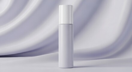 White cosmetic bottle on a white draped fabric background.