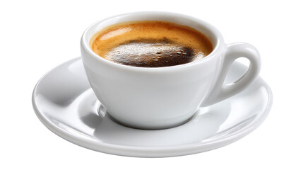 Espresso coffee shot in a white cup on a saucer, on white isolated background.