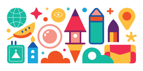 Geometric abstract pattern with global travel icons and elements design for creative projects