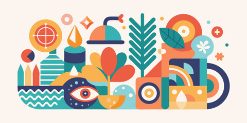 Geometric flat design composition featuring abstract shapes and icons including nature elements and modern symbolism