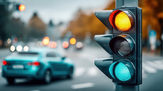 Traffic light shows yellow, signaling drivers to prepare for a stop.