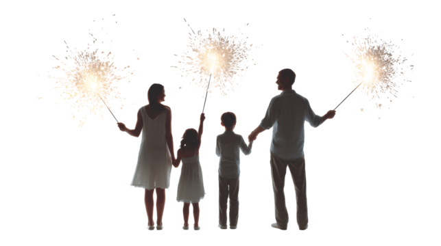 Family celebrating with sparklers, joyous moment captured, festive atmosphere, togetherness and happiness.